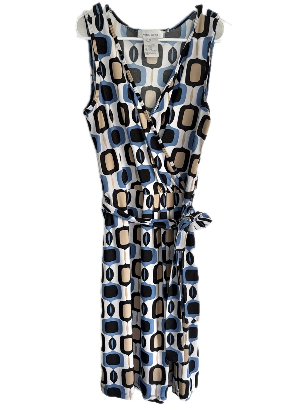 Nine West Geometric faux Wrap Dress in Blue, Black & Cream